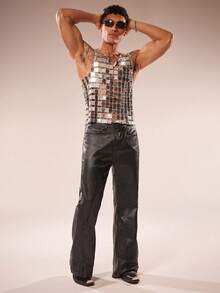 FeverCity 男士亮片拼接无袖圆领背心 - 銀色 - 查看 3