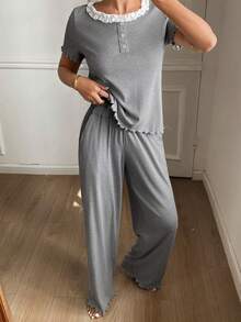 DAZY Contrast Color Trim Knit Women Pajama Set - Grey - View 3