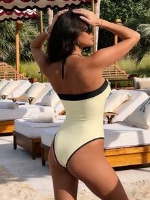 Zyxie Women's Hollow Out Contrast Trim Fitted Bodysuit, Summer - Apricot - View 2