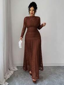 Elenzga 秋冬季女士交叉蕾丝荷叶边修身连衣裙，适合外出、约会、主题派对、庆祝活动等多种场合。 - 棕色 - 查看 4