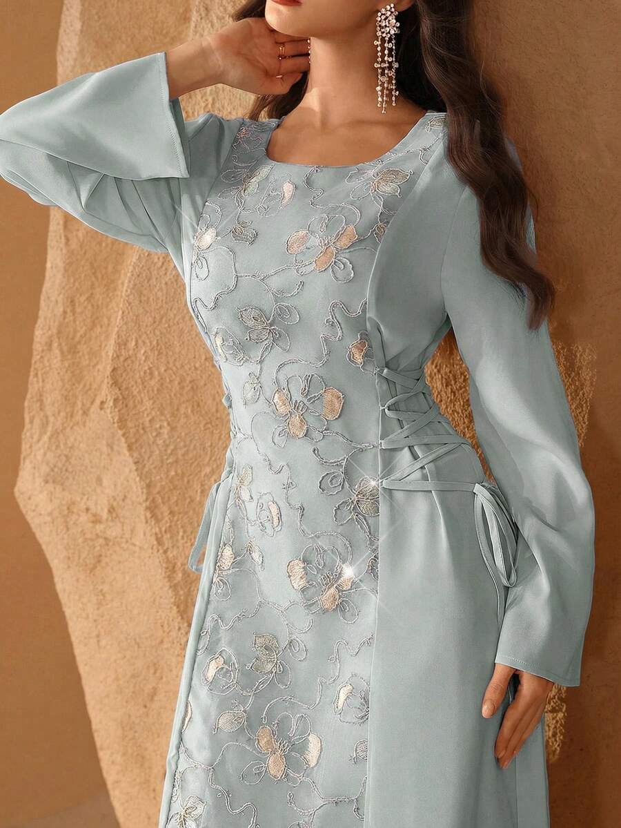 Al Najma Elegant Beaded Embroidery Round Neck Arabic Style Dress For Women - Green - View 1