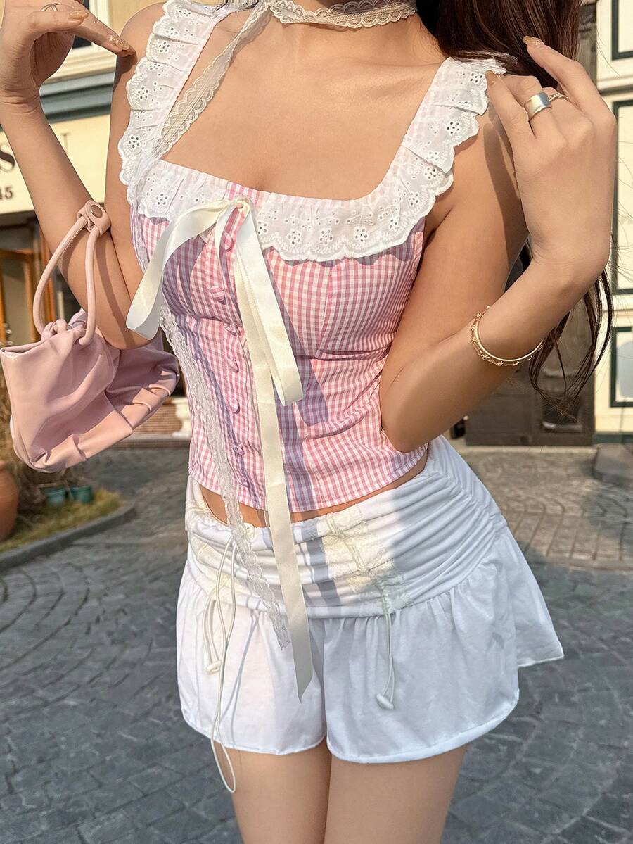 K-Vae Women's Summer Plaid Ruffle Embroidered Waist Slimming Sweet Girl Bow Tie Square Neck Fitted Sexy Camisole - Multicolor - View 1