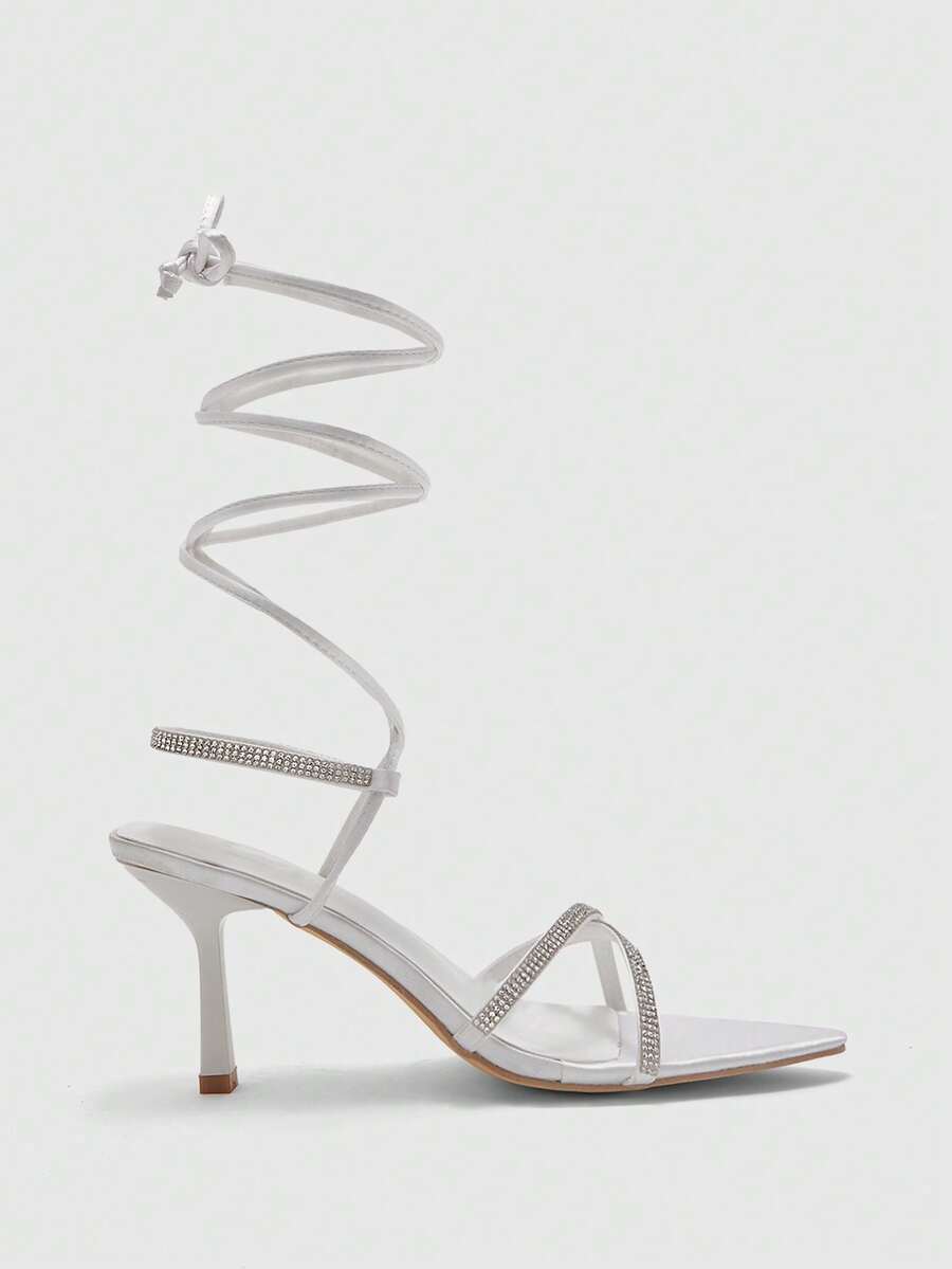 CUCCOO SZL 女士鞋履 春夏新款尖头细高跟白色水钻交叉绑带高跟凉鞋 时尚舒适 百搭性感派对宴会女士凉鞋 - 白色 - 查看 1