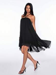 SHEIN ICON 女士纯色高低摆时尚吊带迷你连衣裙 - 黑色 - 查看 4