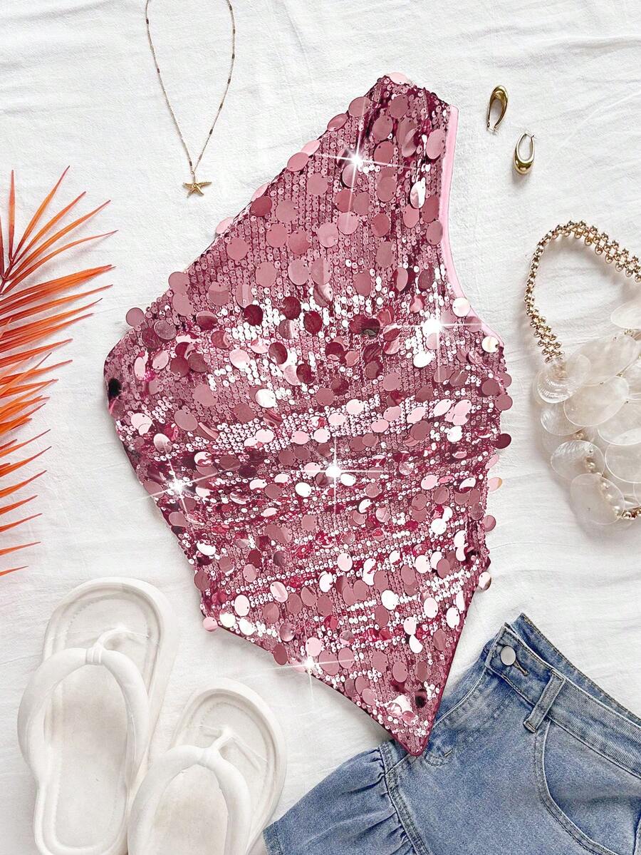 Soleia Women's Asymmetric Hem Asymmetrical Shoulder Top, Casual For Vacation, Beach, Wedding Guest, Graduation Brunch, St. Patrick's Day, Spring Break, Easter, Music Festival, Elegant Boho Tropical Party, Sequin Embellished, Brown, Valentine's Day,Valentine's Day Outfit ,Shiny Top,Pink Top - Pink - View 1