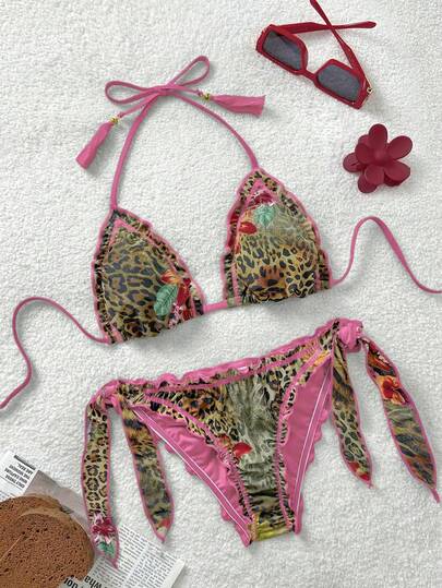 Soleia Vintage Multi-Color Leopard, Zebra, Floral Print Ruffled Tie Front Tassel Decorated Bikini Set, Beach Holiday Leopard Print Bikini Animal Print Bikini Pink Bikini Set Triangle Bikini Brazilian Bikini