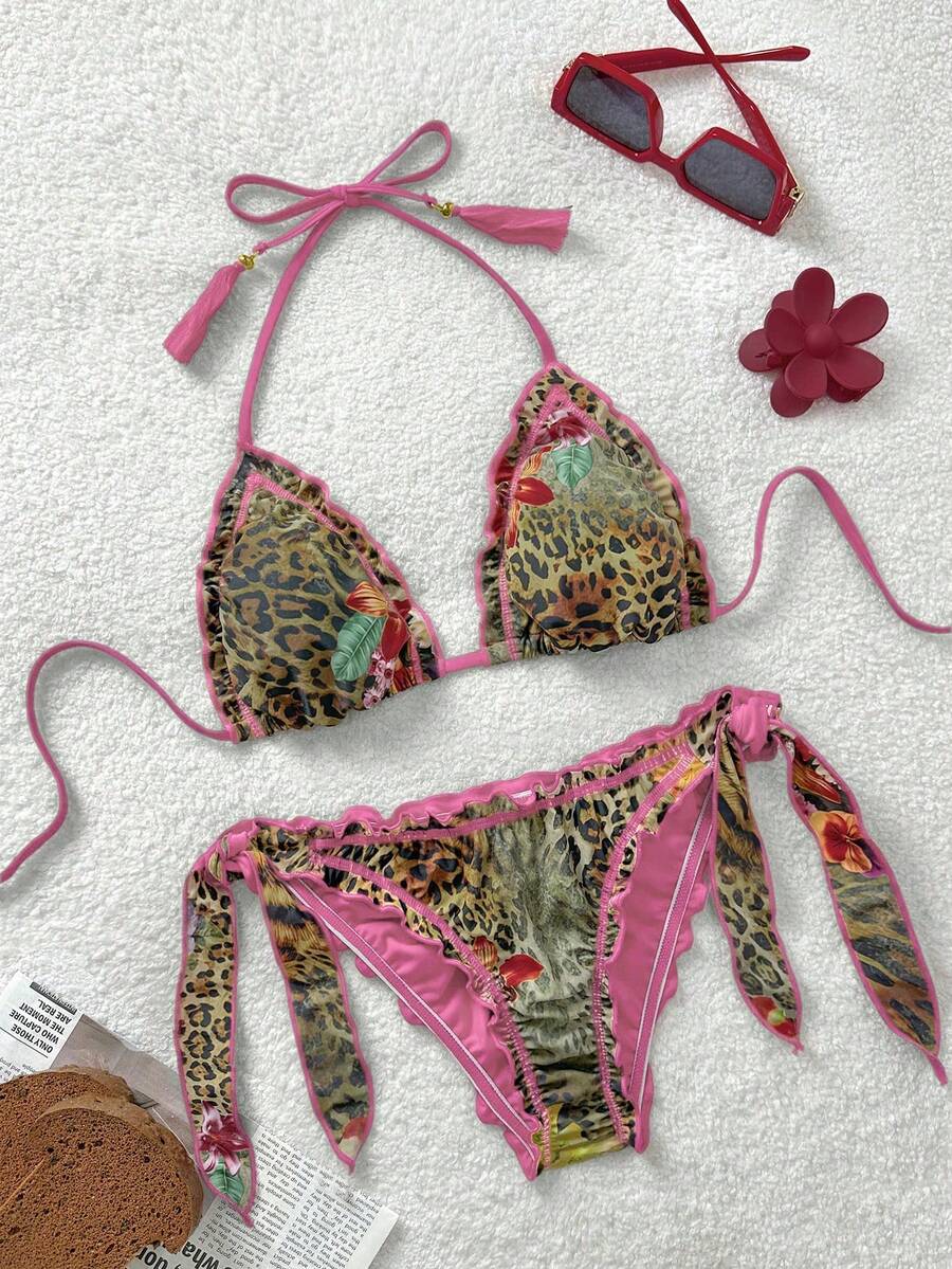 Soleia Bikini vintage con volant, stampa multicolore di leopardo, zebra e fiori, con fiocco davanti e nappe, adatto per la spiaggia e le vacanze - Multicolore - Visualizzare 1