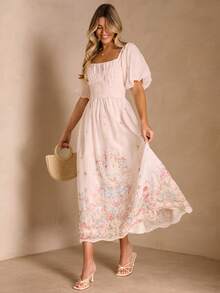 Enchnt Summer Romantic Women's White Floral Embroidery Long Dresse,Tea&Picnic Dress ,Sweet&Elegant For Vacation&Date&Holiday&Going Out,Summer Outfit Women,Pink Dress - Pink - View 3
