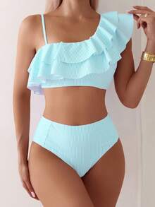 Swim Basics 女款夏季海灘荷葉邊拼接條紋比基尼泳衣套裝 2件式分層比基尼荷葉邊泳衣套裝 - 藍白色 - 查看 3