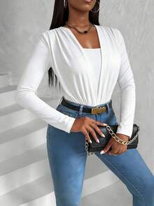 VaVaBold 女士春夏褶皱胸前二合一长袖时尚连体衣 - 白色 - 查看 5