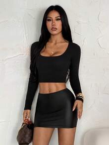 SHEIN PETITE Women's Sexy Casual Black PU Low Waist Bodycon Mini Skirt (With Leggings Included), Black Mini Skirt, Tight Skirt, Short Black Skirt - Black - View 8