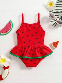 SHEIN Toddler Girls Sleeveless Fruit Pattern Swimwear With Ruffle Details Adorable Watermelon Print One-Piece Bathing Suit - Multicolor - View 2
