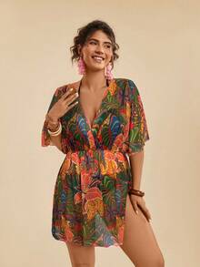 Travachic Áo khoác ngoài đi biển dáng rộng cổ chữ V in họa tiết hoa nhiệt đới cỡ lớn dành cho nữ, thích hợp cho kỳ nghỉ thường ngày. - Đỏ - Xem 5