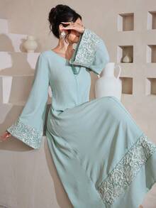 SHEIN Najma Đầm dài tay dáng xòe kiểu Ả Rập dành cho nữ, phối vải jacquard. - màu xanh lá - Xem 6