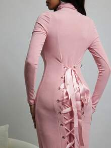 NYA SZN Dress Long Sleeve Turtle Neck Fitted Sweater Business Casual Everyday Cool Girl Ibiza Halloween Holiday Midi Length Fall Winter Outfits Women - Baby Pink - View 3