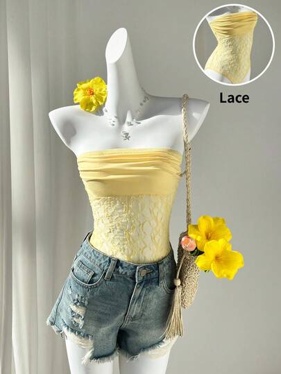 Elamini Gele kanten, zeer elastische, gevoerde bandeau-bodysuit voor dames, elegant minimalistisch ontwerp, geschikt voor lente/zomer, vakantie, feestjes en dagelijks gebruik.