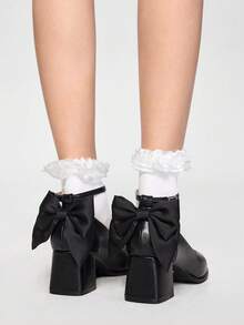 ROMWE Kawaii High Heel Bowknot Chunky Sole Pumps Valentines - Black - View 3