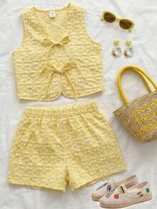 SHEIN 少女黄色提花蝴蝶结V领吊带背心和短裤休闲套装 - 黃色 - 查看 6
