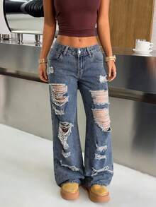 SHEIN PETITE Summer PETITE Women's Casual Summer Vacation Outfits For Women Pocket Distressed Wide Leg Loose Casual Frayed Hem Blue Washed Straight Leg Jeans - Dark Wash - View 3