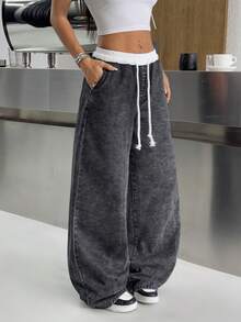 SHEIN PETITE Quần jeans nữ dáng rộng, thoải mái, phong cách đường phố Y2K, phối đen trắng, thiết kế tương phản, dây rút eo, túi ống rộng, màu đen, thích hợp mặc hàng ngày từ xuân đến hè. - màu đen - Xem 4