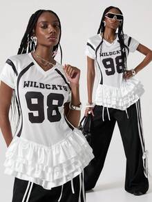 ROMWE Avant 可爱运动甜美印花水钻珍珠荷叶边下摆女式上衣 - 白色 - 查看 7