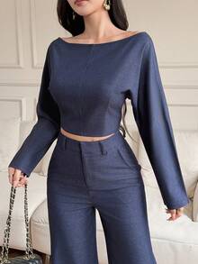 DAZY Set de 2 piezas de suéter casual de efecto de mezclilla con hombros descubiertos y pantalones de pierna ancha para primavera - Azul Marino - Ver 3