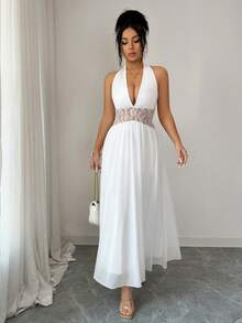 Elenzga 2026春夏新款女士优雅收腰度假蝴蝶结拼接长裙 - 白色 - 查看 7