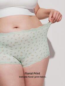 LUVLETTE Bộ 3 quần lót nữ cạp cao bằng cotton viền ren, kiểu quần đùi ngắn cơ bản - Họa tiết hoa, viền ren - Màu xanh lá cây - Nhiều màu - Xem 11