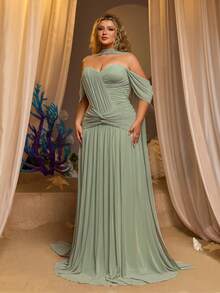 Glamrae 大码优雅奢华莲花粉婚纱，缎面和网纱拼接的抹胸领口设计，饰以3D立体花卉，宽松A字廓形，适合正式场合、派对、约会、婚礼等。 - 綠色 - 查看 3