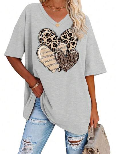 EMERY ROSE Women's Casual Light Grey Plus Size Knitted Fabric V Neck Drop Shoulder Short Sleeve T-Shirt With Heart Print Plus Size Oversized T Shirt Cute Tops Plus Size Oversized T Shirts Women Graphic Tees Women Oversized Heart Shirt