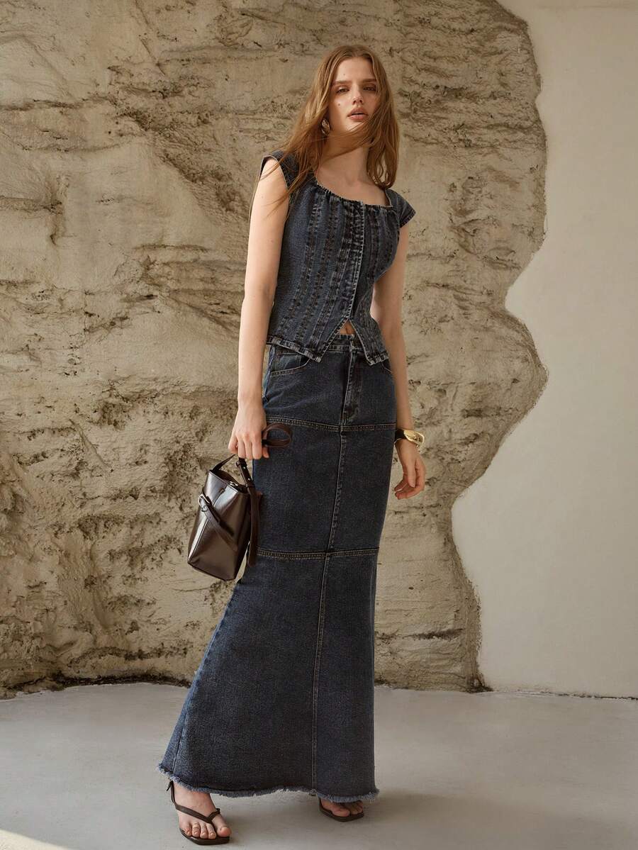 MOTF PREMIUM WOMEN'S ELEGANT MINIMALIST CAP SLEEVE DENIM TOP, SPRING - Blue - View 1