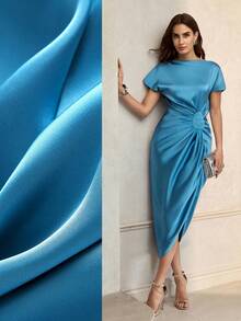 ZEYLAH New Satin Draped Pleated Asymmetrical Dress For Women - Blue - View 7