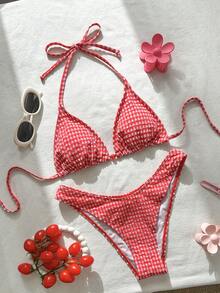 Swim Mod Women's Plaid Jacquard Halter Bikini Set, Spring/Summer - Multicolor - View 2