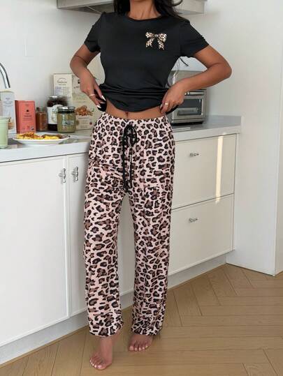 SHEIN Black & Leopard Print Bow Decor Long Casual Pajama Set With Round Neck, Suitable For Spring/Summer Wear