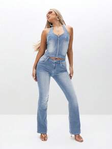 BABYPHAT Bộ jumpsuit denim co giãn cạp thấp, ống loe rộng, cổ yếm, hở lưng, có túi và đai, thích hợp cho phong cách retro mùa hè năng động và dự tiệc. - Rửa nhẹ - Xem 4