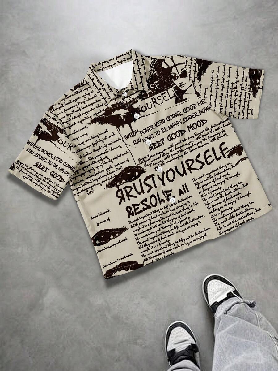 Manfinity EMRG Men's Slogan & Eye Print Single-Breasted Casual Short Shirt - Multicolor - View 1