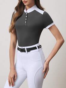 With My Calm Áo thể thao cưỡi ngựa ôm dáng cổ polo phối màu tương phản dành cho nữ - Nhiều màu - Xem 5