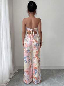 Elenzga 两件套女士抹胸蝴蝶结露脐上衣和印花半裙，优雅浪漫假日套装 - 彩色 - 查看 2