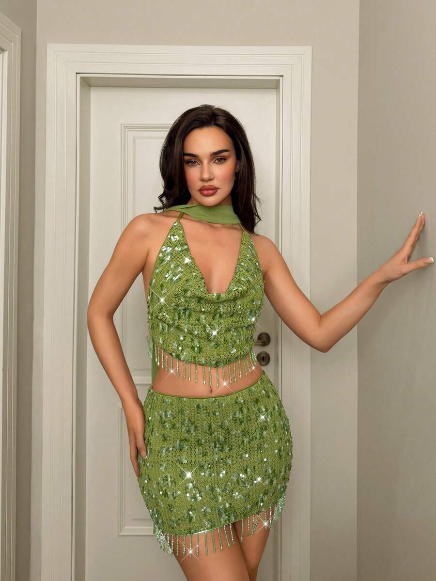 SHEIN Glamour Women's Green Sequin Decorated Fashionable Top And Mini Skirt 2 Pieces Set - Green - View 1