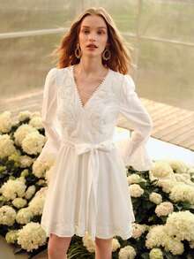 MOTF PREMIUM WOMEN'S V-NECK WAIST GATHERED HEM EMBROIDERED SHORT DRESS, SPRING/SUMMER - White - View 6