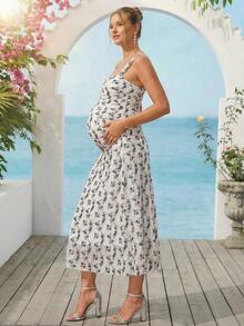 Loomaby Maternity Ditsy Floral Fitted Elegant Sleeveless Dress Dress Gender Reveal Dress Maternity Dress Baby Shower Dress - Multicolor - View 7