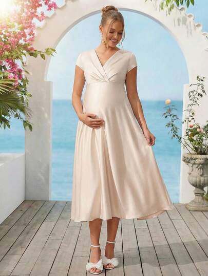 Loomaby Maternity Solid Color V-Neck Wrap Elegant Short Sleeve Dress Dress Gender Reveal Dress Maternity Dress Baby Shower Dress