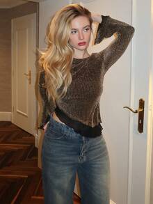 Turnttoni 女士时尚优雅金属光泽亮片喇叭袖荷叶边不对称下摆修身T恤，闪亮上衣，新年、圣诞派对、聚会、优雅派对，适合日常穿着、外出、通勤、秋冬季 - 金色 - 查看 1