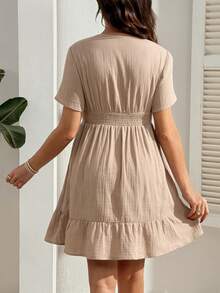 SHEIN Đầm bầu dáng suông thoải mái, buộc dây, có bèo nhún ở gấu, dành cho phụ nữ. - Màu Khaki - Xem 3