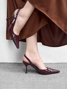 CUCCOO BIZCHIC Damen Burgunderrote Lackleder Spitze Zehen Metall Schnalle Stiletto Absatz Knöchelriemen Sexy Mode High Heel Pumps - Bordeaux - Übersicht 5