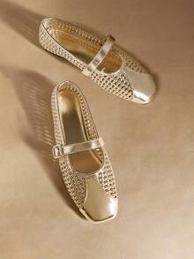 Rosivie 女士休闲编织方头舒适玛丽珍平底鞋 - 金色 - 查看 1