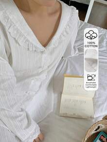 Dazy Plus 两件套优雅撞色蕾丝宽松彼得潘领纹理面料睡衣套装 - 白色 - 查看 6