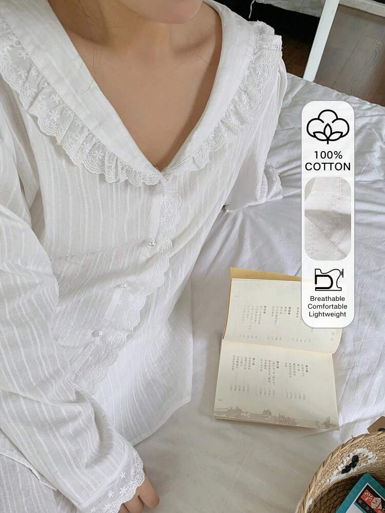 Dazy Plus 2pcs Elegant Contrast Lace Loose Fit Peter Pan Collar Textured Fabric Sleepwear Set