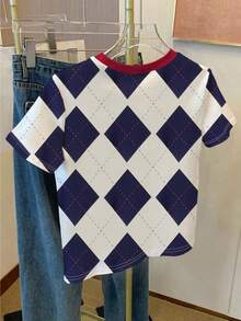 Resyla 女士撞色圆领短袖菱格纹休闲T恤，夏季百搭 - 彩色 - 查看 2