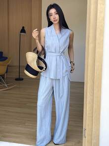 DAZY Women's Casual V-Neck Belted Vest And Wide Leg Pants 2 Pieces Set, Spring/Summer - Green - View 4